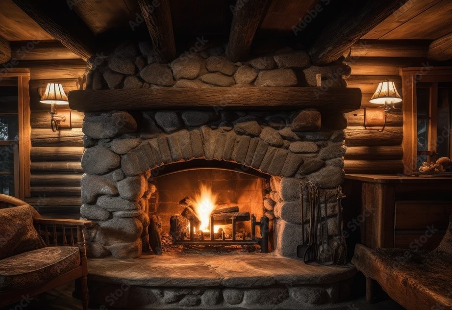 A cozy, lit fireplace in a cabin